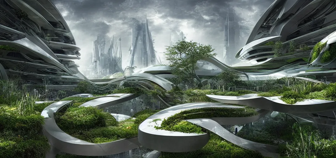 Sci-Fi, Futuristic Solarpunk ECO-City, Detailed, Hanging Gardens