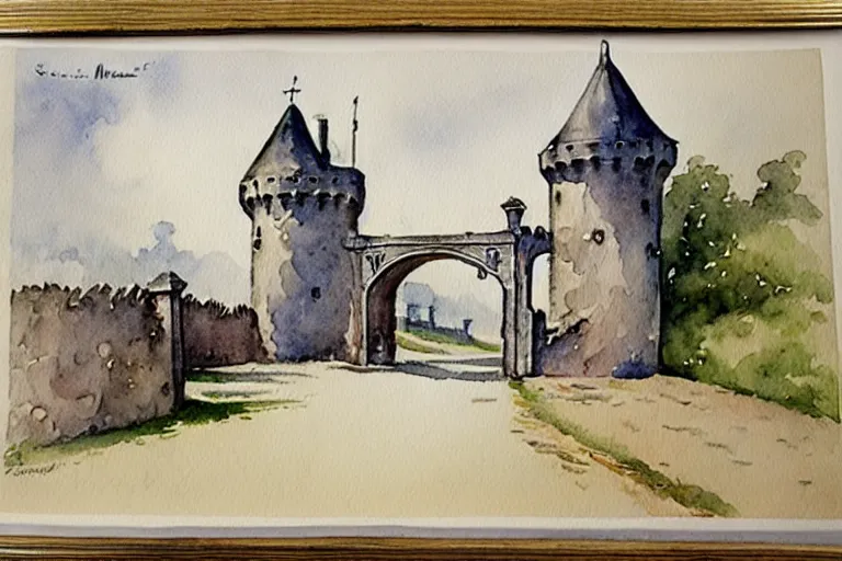 Image similar to 1950s castle gate with drawbridge muted colors. watercolor Jean-Baptiste Monge