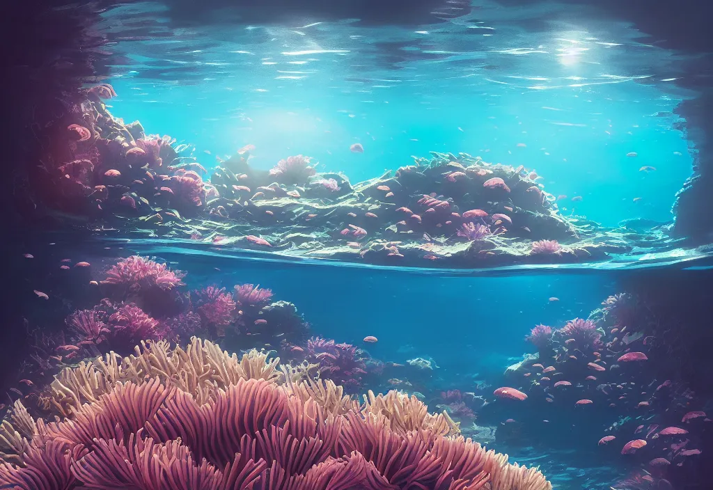 Prompt: hidden Underwater bedroom, sea anemone garden, kelp, coral reef, blooms, sparkling light, warm glow, alena aenami, leiji matsumoto