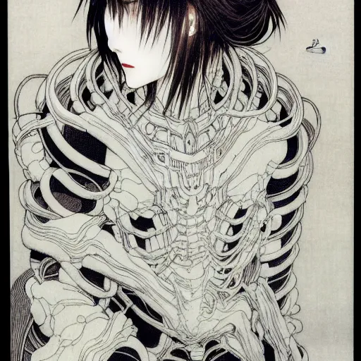 Image similar to prompt : black and white portrait soft light painted by takato yamamoto, human modified by mecha attributes and armor, inspired by ghost in shell anime, smooth face feature, intricate oil painting, high detail, sharp high detail, manga and anime 1 9 8 0