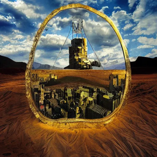 Image similar to a mountain made out of computer screens that display bitcoin logos, cinematic, post - apocalyptic landscape, harsh contrast lighting, in the style of surrealism, made by salvador dali