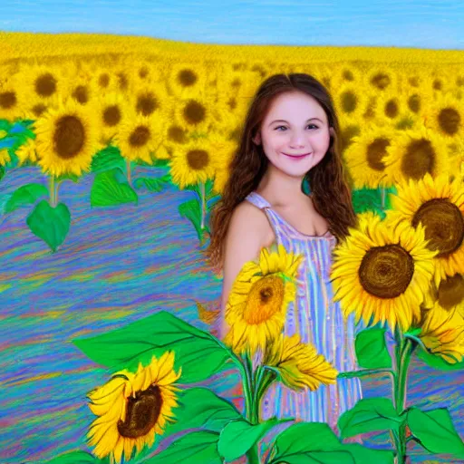 Image similar to Portrait, Drawing of a Ukrainian girl Smiling at the camera, Beautiful pretty young, flowers in her dark hair, Scene: Sunflower field, Colors: Yellow sunflowers, blue cloudy sky, In a style of Children scribbles