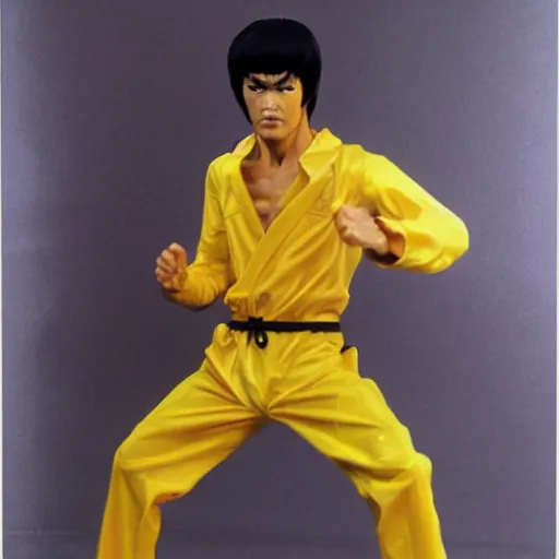 Image similar to Bruce Lee wearing a yellow jumpsuit by Yoji Shinkawa and Ashley Wood