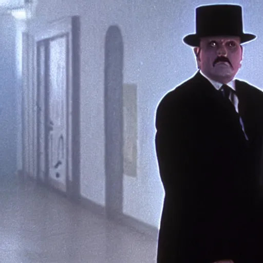 Image similar to a film still of a man holding a cane wearing a black suit with a black bowler hat with a robotic face in Lost Highway(1997)