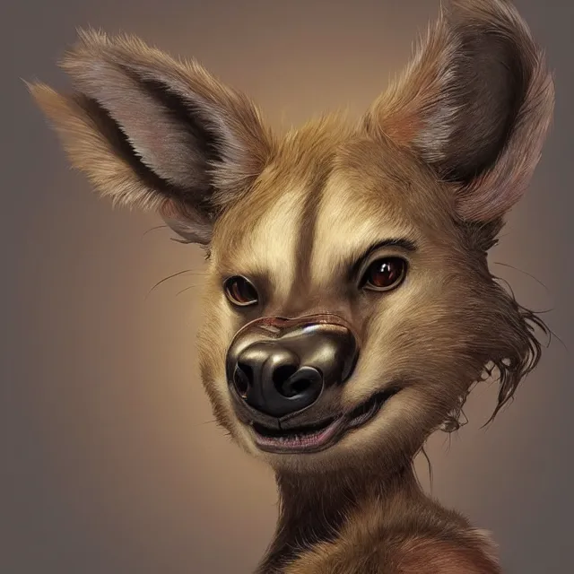 Prompt: a beautiful portrait of a cute anthropomorphic humanoid brown hyena fursona. big eyes. character design by cory loftis fenghua zhong ryohei hase isma