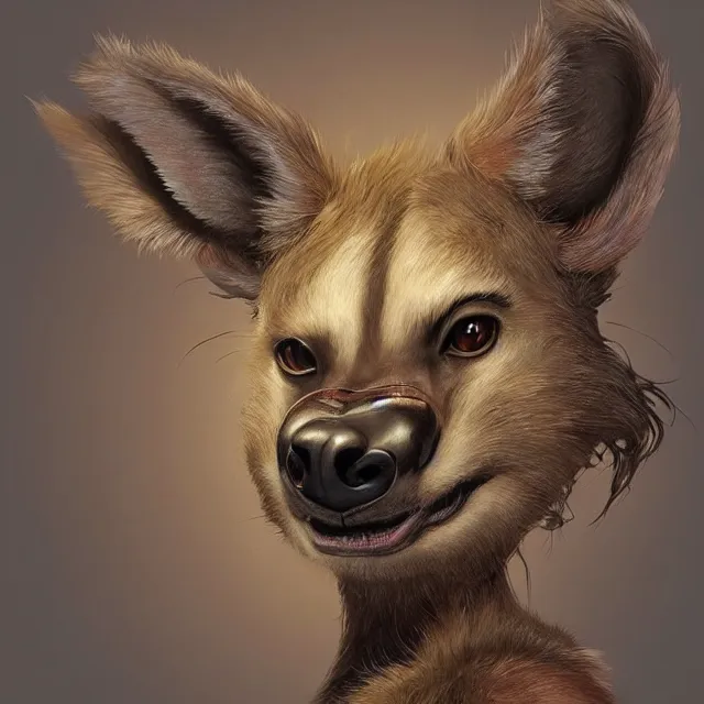 Image similar to a beautiful portrait of a cute anthropomorphic humanoid brown hyena fursona. big eyes. character design by cory loftis fenghua zhong ryohei hase isma