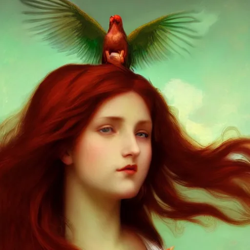 Image similar to a beautiful stunning fantasy whimsical matte digital portrait illustration of a pretty womam with bright green eyes and fiery red hair with a green bird on her shoulder, in the style of William Adolphe-Bouguereau and Marc Simonetti, magic the gathering, trending on artstation, contest winner