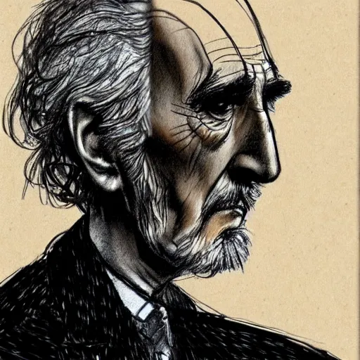 Prompt: a realistic yet scraggly portrait sketch of the side profile of a stern and sophisticated christopher lee, trending on artstation, intricate details, in the style of frank auerbach, in the style of sergio aragones, in the style of martin ansin, in the style of david aja, in the style of mattias adolfsson