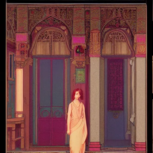 Image similar to a girl lost in a temple, film still by wes anderson, depicted by leon battista alberti, limited color palette, very intricate, art nouveau, highly detailed, lights by hopper, soft pastel colors, minimalist