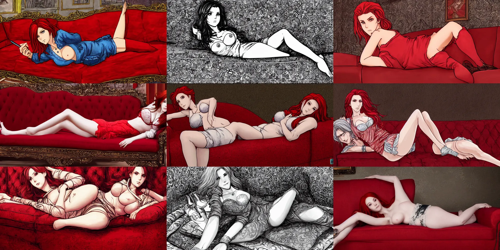 Prompt: alluring highly detailed manga line art wide-angle portrait of (1) Triss from the Witcher 3 laying on a red couch, very detailed, realistic