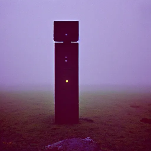 Image similar to the liminal observer droid by dennis mejillones, in a brutalist yet rural landscape by simon stalenhag, 3 5 mm film photography, dawn, eerie fog