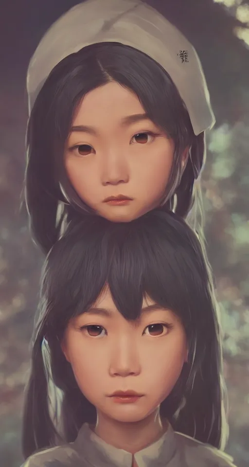 Image similar to a painting of cute Asian girl frowning, in the style of DreamWorks animation, low angle view, 16mm lens, award winning, mid-shot, hyper detailed, dramatic lighting, artstation, octane renderer, unreal engine