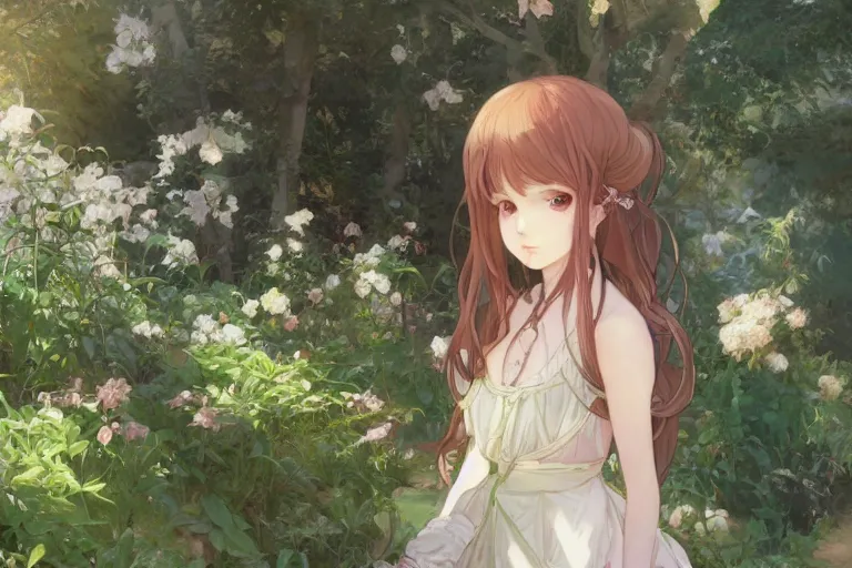 Image similar to a digital art of a loli with long hair in a dress in the privet garden at after noon, by krenz cushart and mucha and akihito yoshida and greg rutkowski and makoto shinkai, detailed eyes, 4 k resolution 、 trending on art station