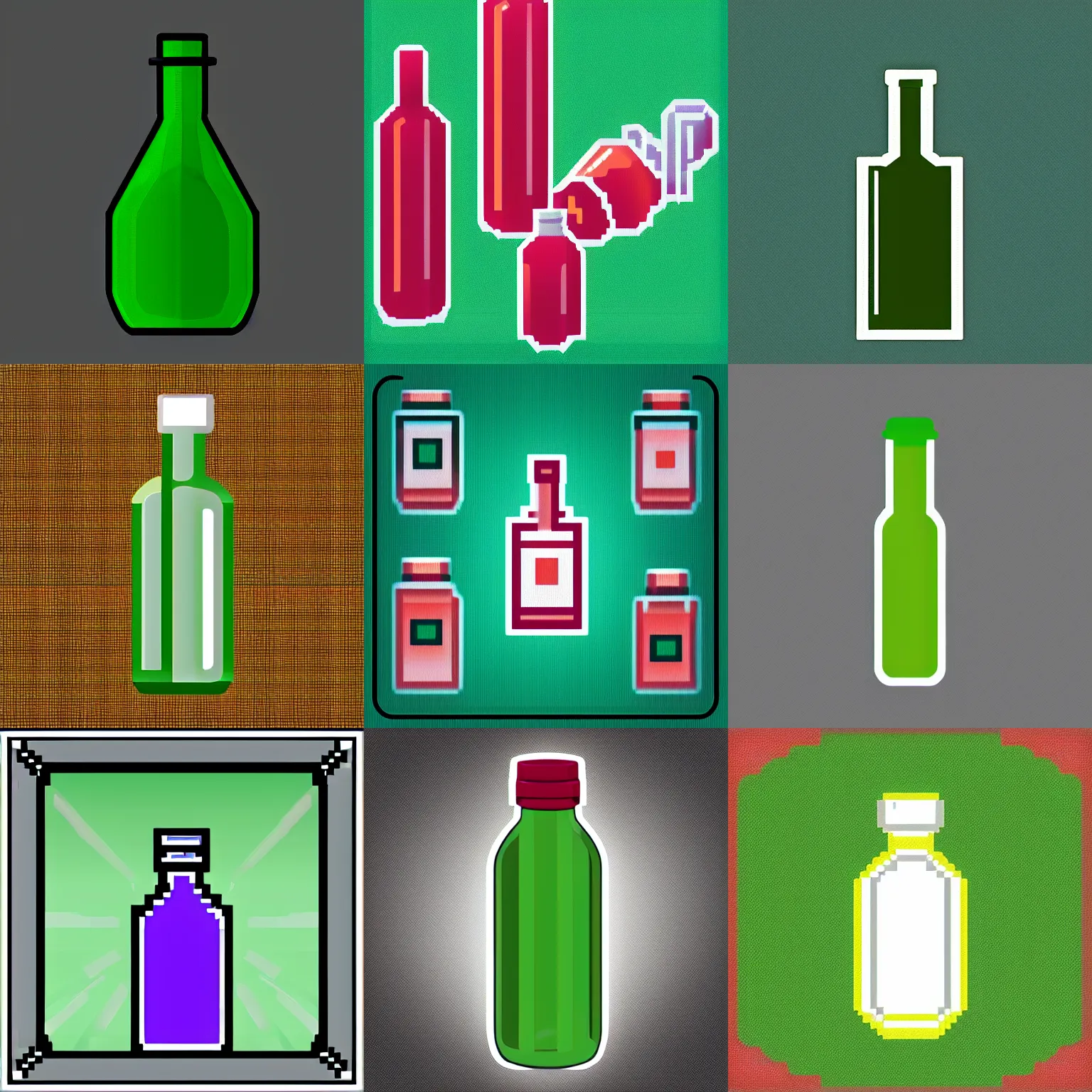Prompt: retro sprite icon of a glass bottle, minimalist, rpg
