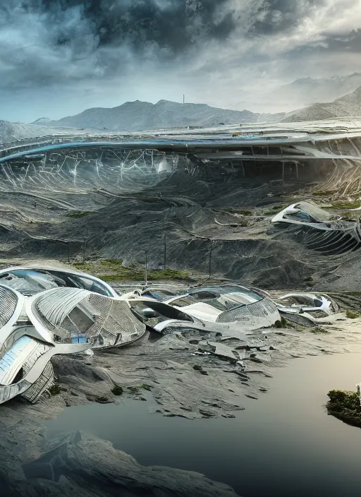 Image similar to techno cyber chuquicamata bioremediation white mining tailing, futuristic horizontal architecture, epic, cinematic, hyperealistic, high detailed, corona render, hdr, ray tracing