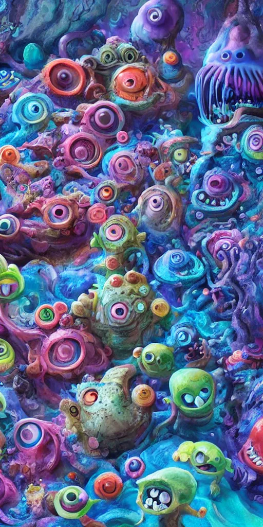 Image similar to of a colorful deep sea cave with strange cute friendly happy creatures with huge eyes, mouth, long tongue and round teeth appearing from sandy coral, in the style of gehry and gaudi, macro lens, shallow depth of field, ultra detailed, digital painting, trending artstation, concept art, illustration, cinematic lighting, photorealism, epic, octane render