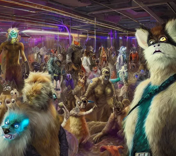 Image similar to high - resolution photograph from a biopunk era furry fandom convention ( midwest furfest 2 0 4 7 ), taking place after the genetic revolution and quantum singularity. photorealistic.