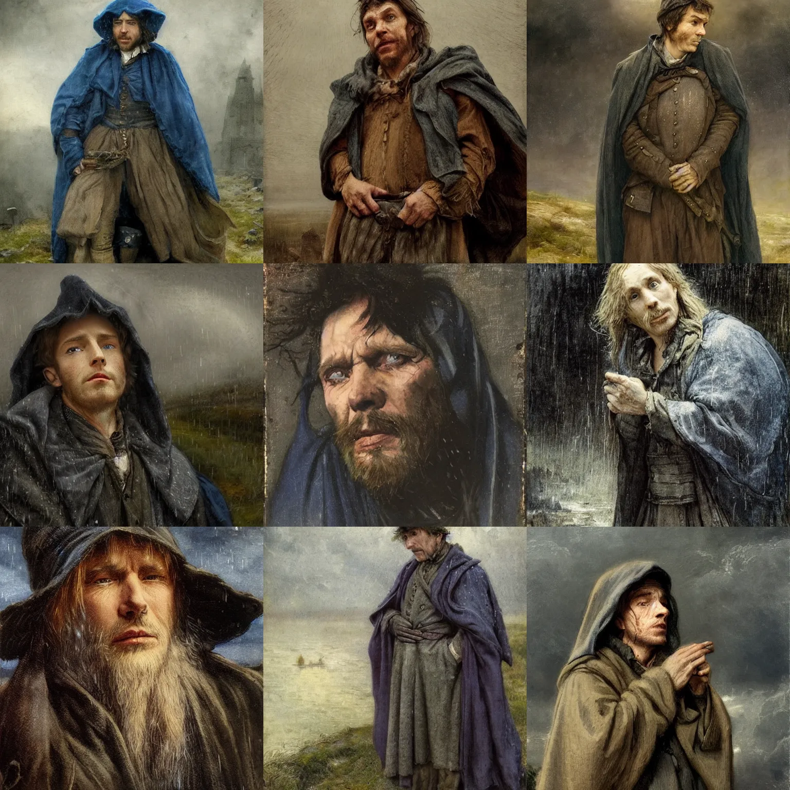 Prompt: a sad 19th century wanderer, dressed in a gray, worn traveling cloak, who looks like Lee Evans. heavy raining, blue tones, cinematic lighting, highly detailed, realistic, portait by Jan Matejko and John Anster Fitzgerald