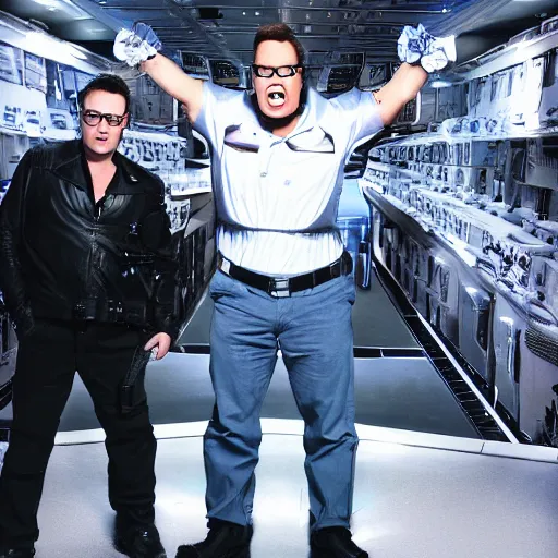 Image similar to Alan Carr as terminator, dramatic shot,