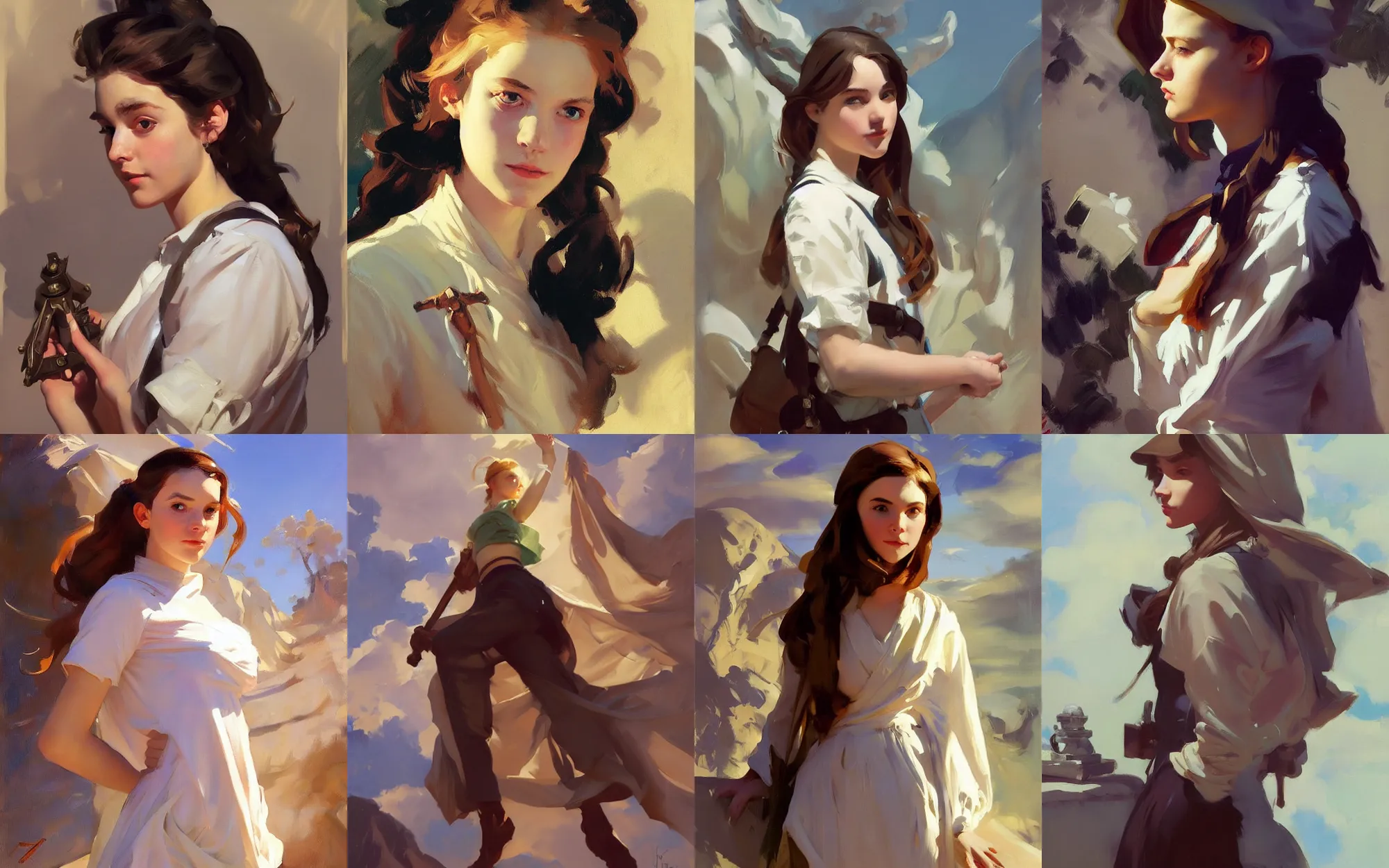 Prompt: portrait of teenage girl traveler greg manchess painting by by sargent and leyendecker, d & d, fantasy, medium shot, asymmetrical, intricate, elegant, matte painting, illustration, hearthstone, by greg rutkowski, by greg tocchini, by james gilleard, by joe fenton