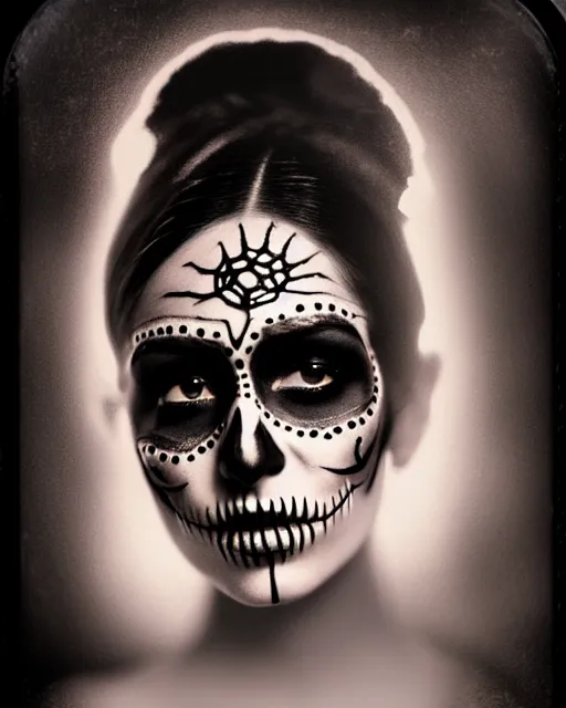 Image similar to tintype veiled woman dressed in dia de muertos makeup high quality photo, microchip, artificial intelligence, bio - mechanical bio - luminescence, black wired cables, neurons, nerve cells, cinematic, rim light, photo - realistic, high detail, 8 k, masterpiece, high fashion, in the style of steven meisel dora maar h. g. giger