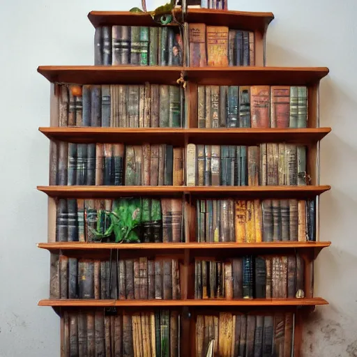 Prompt: built in bookshelf full of old books, plants and steampunk items, high resolution