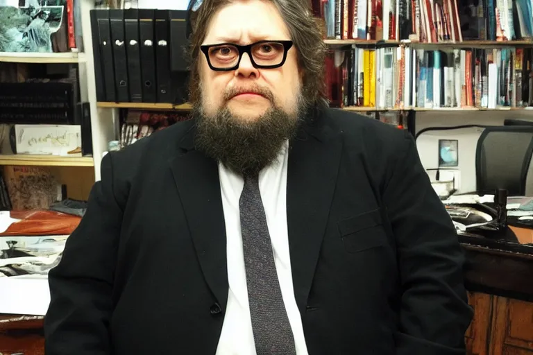 Prompt: monster guillermo del toro sat in an office