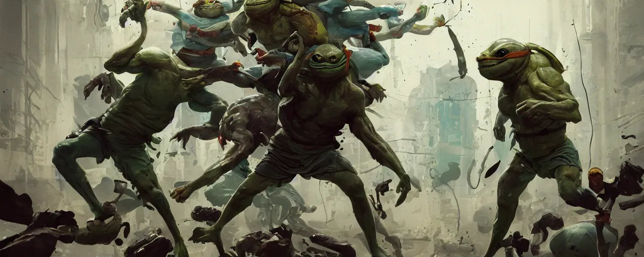 Prompt: duotone olive mutagen illustration 3 / 4 portrait of gollum kung fu fighting with ninja turtles chaotic composition accidental renaissance golden ratio. by sachin teng and sergey kolesov and ruan jia and heng z. graffiti art, scifi, fantasy, hyper detailed. octane render. concept art. trending on artstation