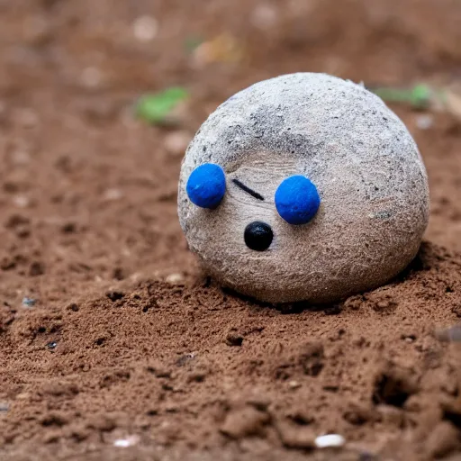 Image similar to photo of a small round creature made of dirt with round blue eyes and a round clown nose and a cute smile