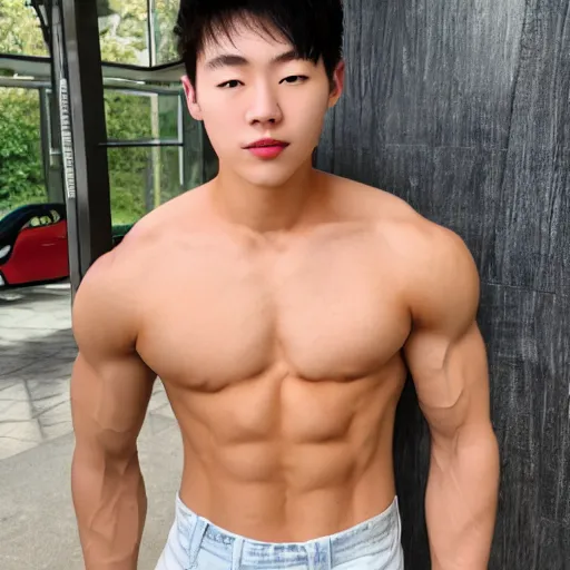 Image similar to a blond korean 2 0 year old man with large muscles and abs