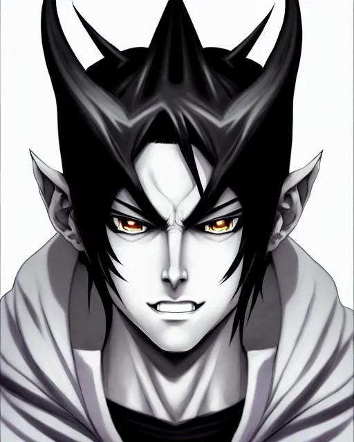 Prompt: handsome young demon king man only, evil smile, manga style only, wallpaper aesthetic, black and white colors only, symmetrical face, demonic, cinematic, dramatic, powerful, super detailed and intricate, elegant, hyper realistic, 8 k render, by artgerm, by kyoung hwan kim, by ralph mcquarrie, by yoshiyuki tomino