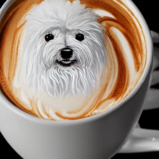 Image similar to a closeup photorealistic photograph of barista drawing bichon frise shaped latte art in a cup. professional capture, well lit shot. this 4 k hd image is trending on artstation, featured on behance, well - rendered, extra crisp, features intricate detail, epic composition and the style of unreal engine.