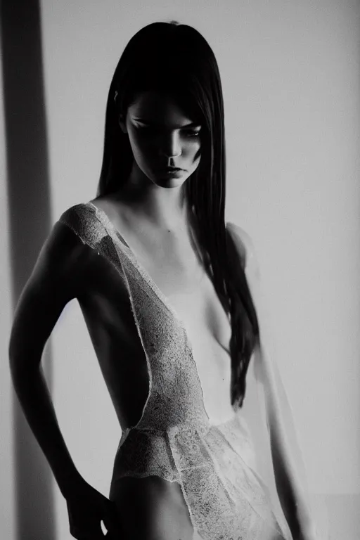 Image similar to emotionnal shot. fragile shy woman looking like Kendall Jenner with sheer dress with plunging neckline and lace sleeves. award-winning fashion photography. intimate and vulnerable lighting. 130mm bw fashion photography .