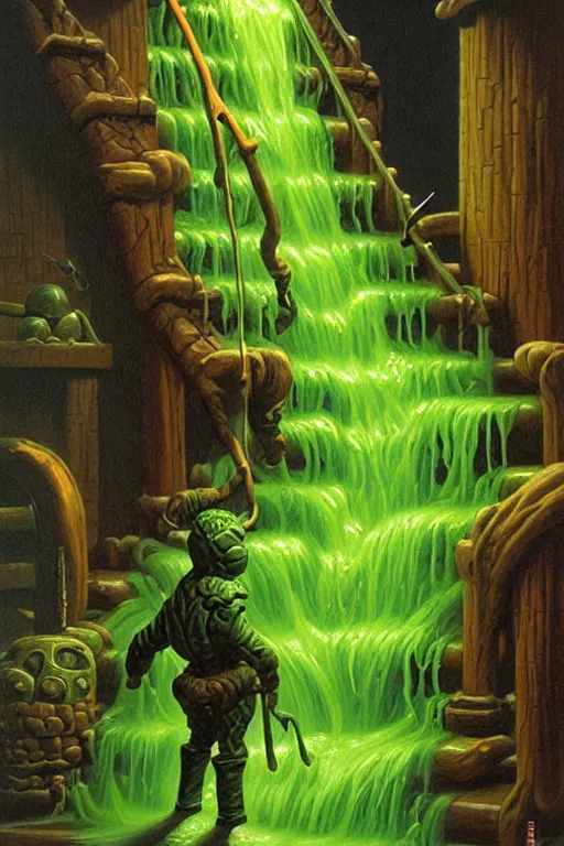 Prompt: classic oil painting, green slime is dripping down a set of wooden stairs, as a dnd character, cottagecore, highly detailed, digital illustration, concept art, smooth, sharp focus, ominous, art by tim hildebrandt, and greg hildebrandt