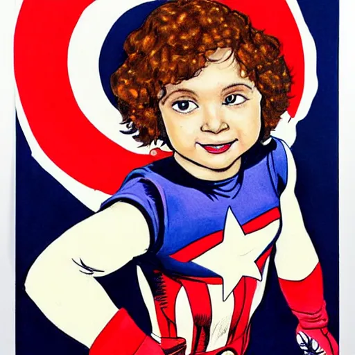 Prompt: a little girl with a mischievous face and light brown curly wavy hair. she is dressed as captain america, spider - man, batman, captain marvel, a superhero. well composed, clean elegant painting, beautiful detailed face. by steve ditko