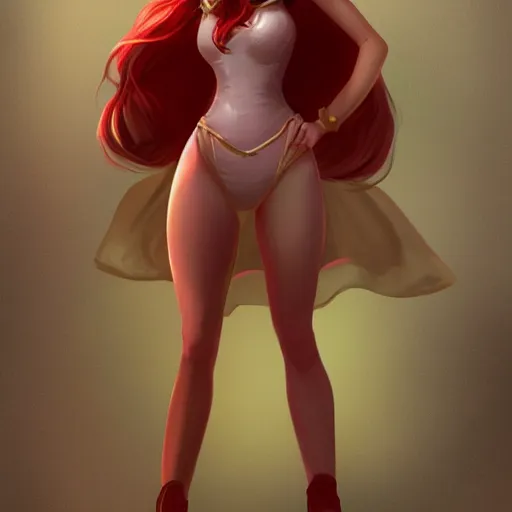 Image similar to a woman wearing a princess outfit, full body shot, red hair, highly detailed, digital painting, artstation, concept art, smooth, sharp focus, illustration