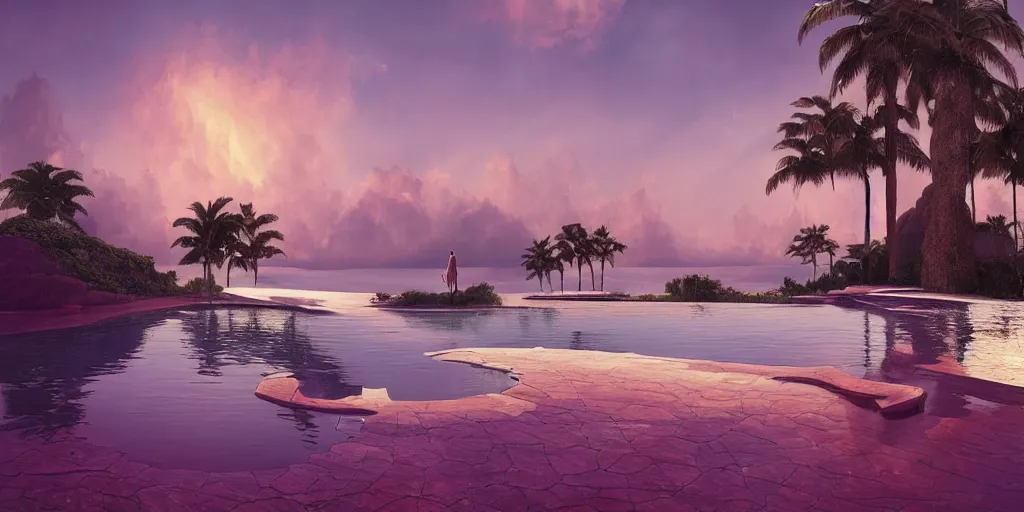 Image similar to artgem and Beeple masterpiece, hyperrealistic surrealism, sunset, award winning masterpiece with incredible details, epic stunning, infinity pool, a surreal liminal space, highly detailed, trending on ArtStation, calming, meditative, pink arches, palm trees, surreal, sharp details, dreamscape, giant gold head statue ruins, crystal clear water