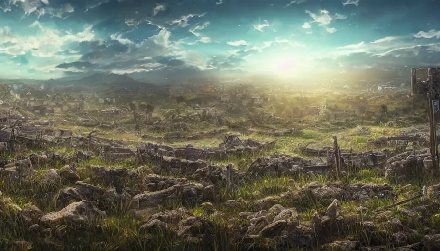 Prompt: the beautiful, chilling, mundane panoramic view of a field after war filled with dead soldier calvary and rocks at dusk. hyperrealistic anime background illustration, borderlands, colorful, extremely detailed intricate linework, smooth, super sharp focus, bright colors, high contrast, matte, octopath traveler, unreal engine 5 highly rendered, global illumination, radiant light