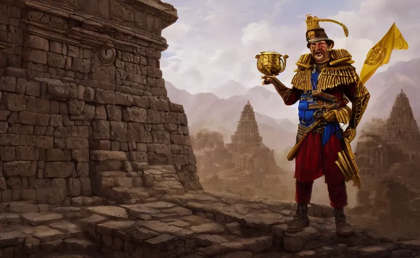 Prompt: smiling spanish conquer soldier holding golden cup on a inca temple, game character concept art, wide view, high detailed, full perfect, symmetrical portrait, high detail, by craig mullins, peter mohrbacher, unreal engine, octane rendered, 8 k, dark beauty, trending on artstation