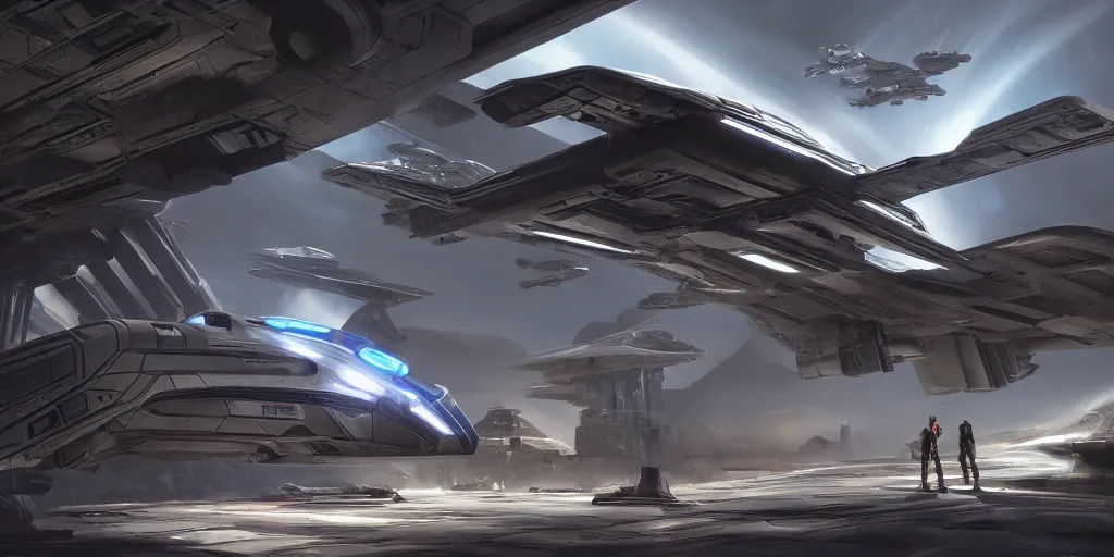 Prompt: a futuristic mass effect star wars fighter jet, thrusters on, landing on a large detailed space dock inside big hole on the ground, landing lights large pipes, metal cladding wall, intricate bridges between walls and levels, backlit, shadow play, canon 2 0 mm lens, extreme wide angle by eddie mendoza, syd mead