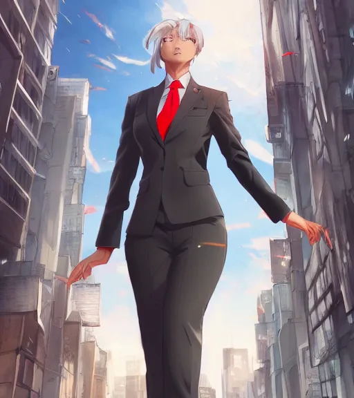 Image similar to a girl in a business suit, close up, sharp focus, red necktie, grey hair, happy expression, full body shot, pixiv, city background, digital painting, by tran ross and jordan grimmer and greg rutkowski, anime art, artstation, hd, smooth,