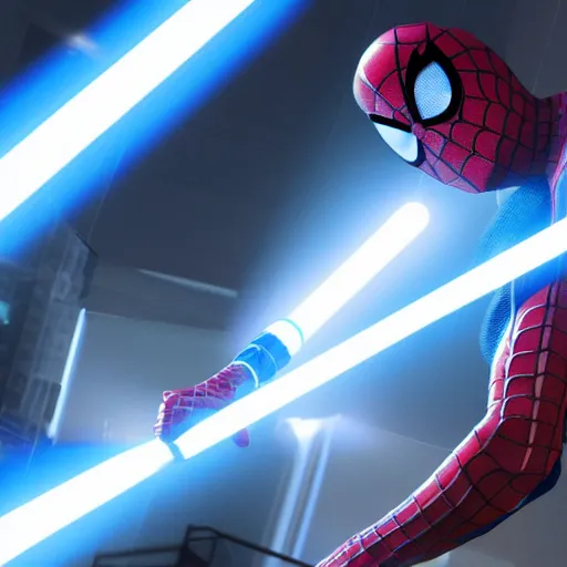 Prompt: spider - man fighting with a blue lightsaber, photorealistic, unreal engine