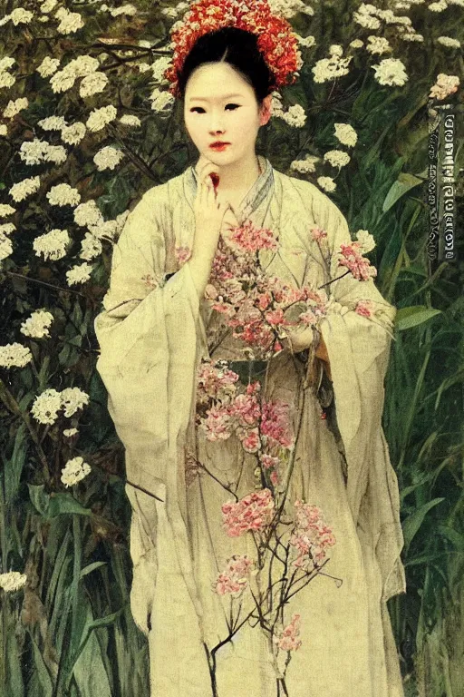 Image similar to close - up fashion asian woman portrait airy flowers sacura cloudy sky art by vasnetsov