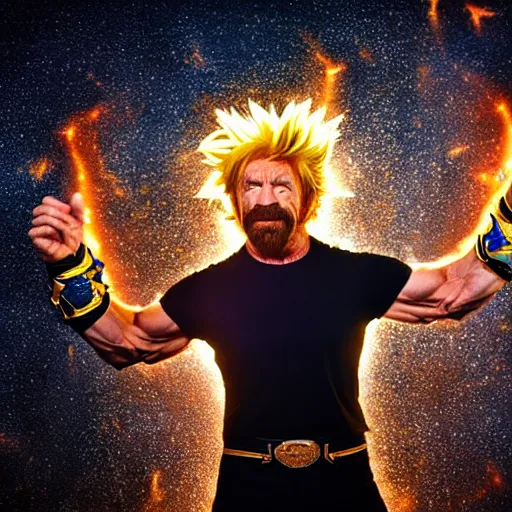 Prompt: uhd candid photo of cosmic chuck norris as a super sayian, glowing, global illumination, studio lighting, radiant light, detailed, correct face, elaborate intricate costume. photo by annie leibowitz