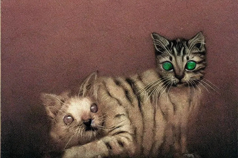 Image similar to funny kitten meme by Beksiński with a horror vibe
