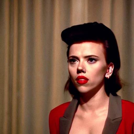 Prompt: a still of Scarlett Johansson in the black lodge in Twin Peaks (1990)