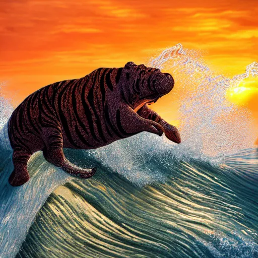 Image similar to a closeup photorealistic photograph of a cute smiling knitted tiger hippopotamus riding a large wave at sunset. surf in background. professional capture. brightly lit scene. this 4 k hd image is trending on artstation, featured on behance, well - rendered, extra crisp, features intricate detail, epic composition and the style of unreal engine.