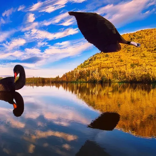 Prompt: photo of two black swans touching heads in a beautiful reflective mountain lake, a colorful hot air balloon is flying above reflecting off water, hot air balloon, intricate, 8k highly professionally detailed, centered, HDR, CGsociety