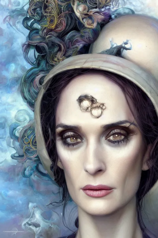 Image similar to closeup portrait shot of winona ryder as delirium of the endless, the sandman, thick fancy makeup, highly detailed, digital painting, artstation, concept art, soft focus, depth of field, artgerm, tomasz alen kopera, peter mohrbacher, donato giancola, joseph christian leyendecker, wlop, boris vallejo