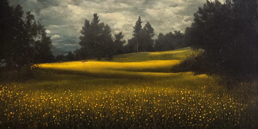 Prompt: a dark oil painting of a beautiful meadow; masterpiece; extremely-detailed; by Carravaggio